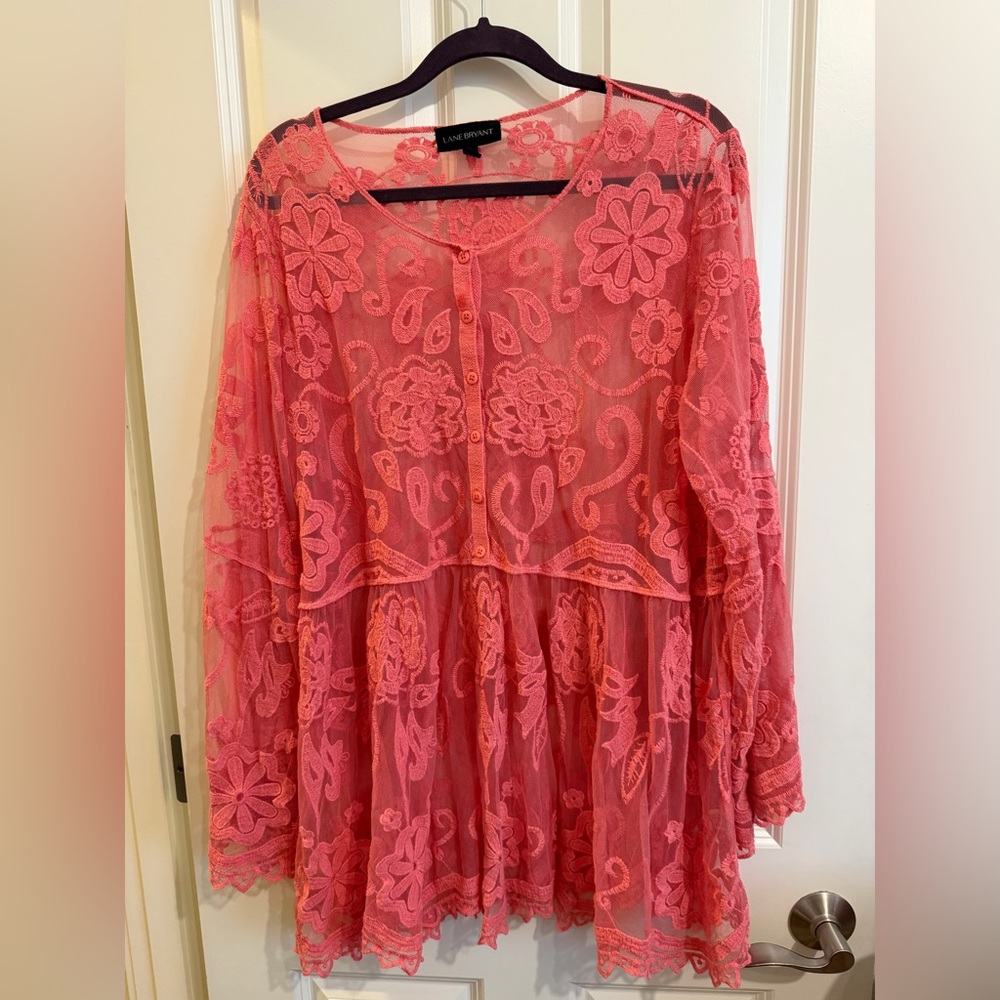 Lane Bryant pink boho long sleeve sheer embroidered blouse.